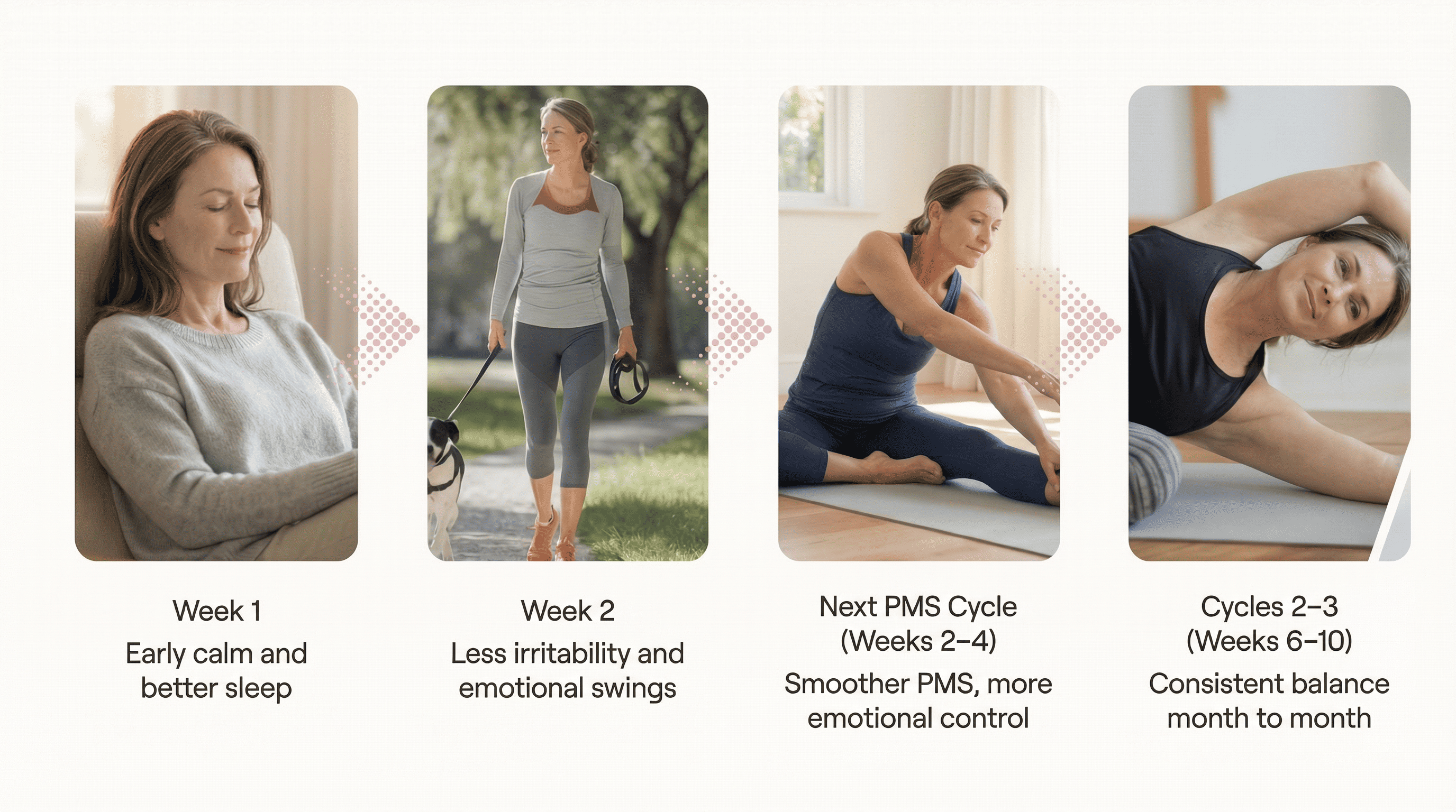 Four images of a woman relaxing, walking, stretching, and doing yoga.