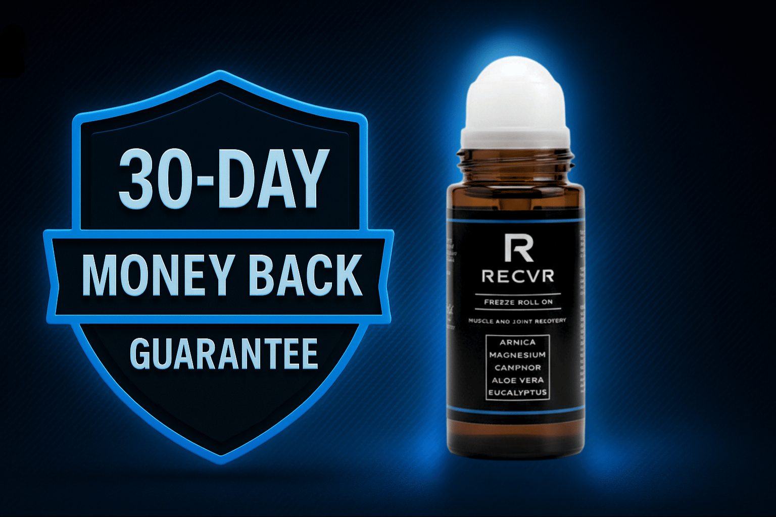 Roll-on bottle with 30-day money back guarantee badge, features various ingredients.