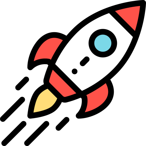 Illustration of a red and white rocket with a blue window.