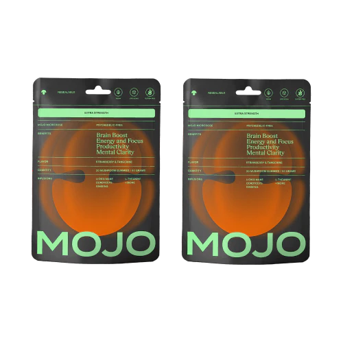 Two black and orange product packages labeled 'MOJO' with text about brain boost and mental clarity.