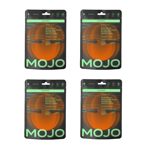 Four packages labeled 'MOJO' with orange and green design.