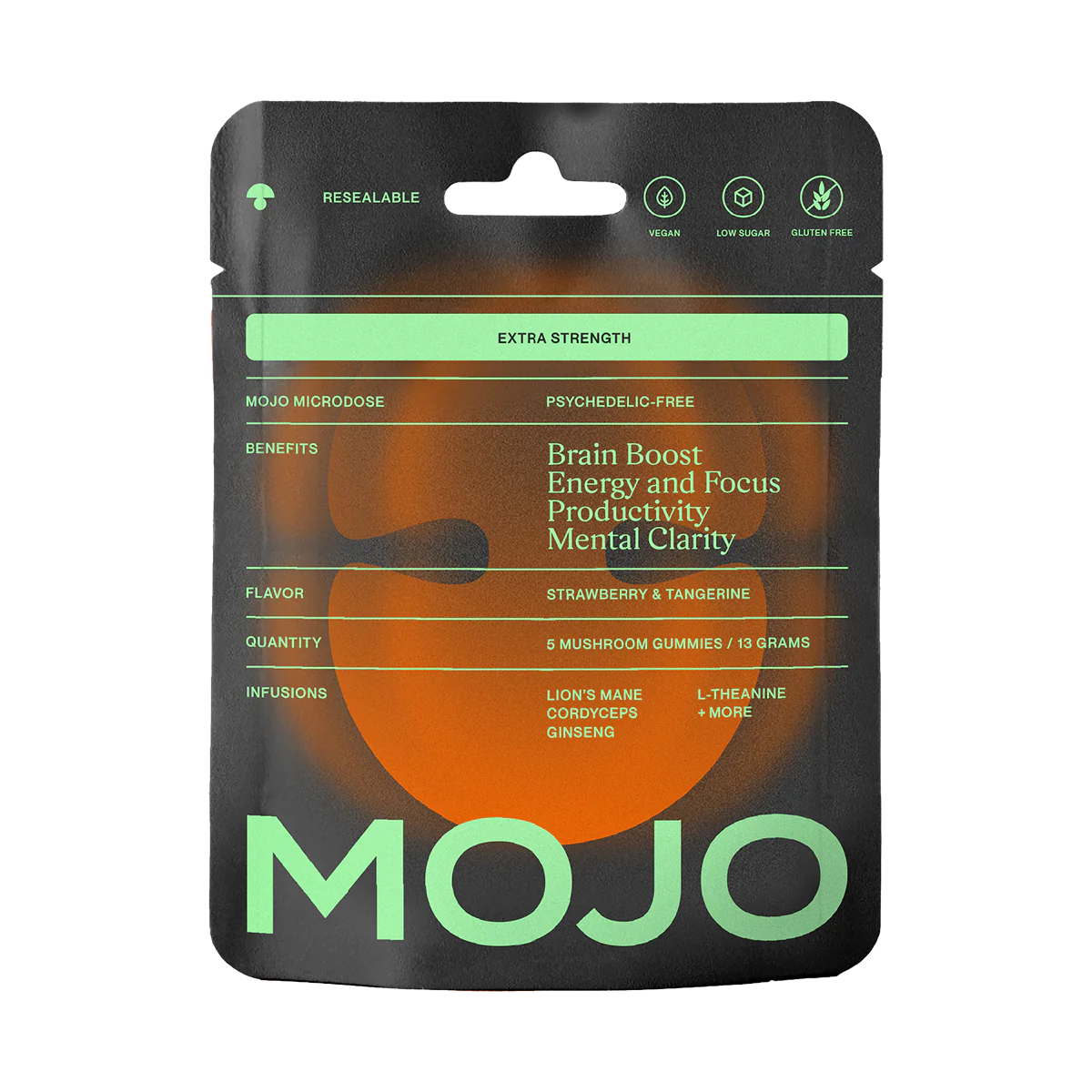 Packaging for Mojo microdose gummies with benefits and ingredients listed.