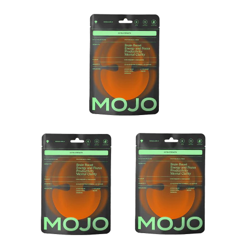 Three packages labeled 'MOJO' with orange and green design.