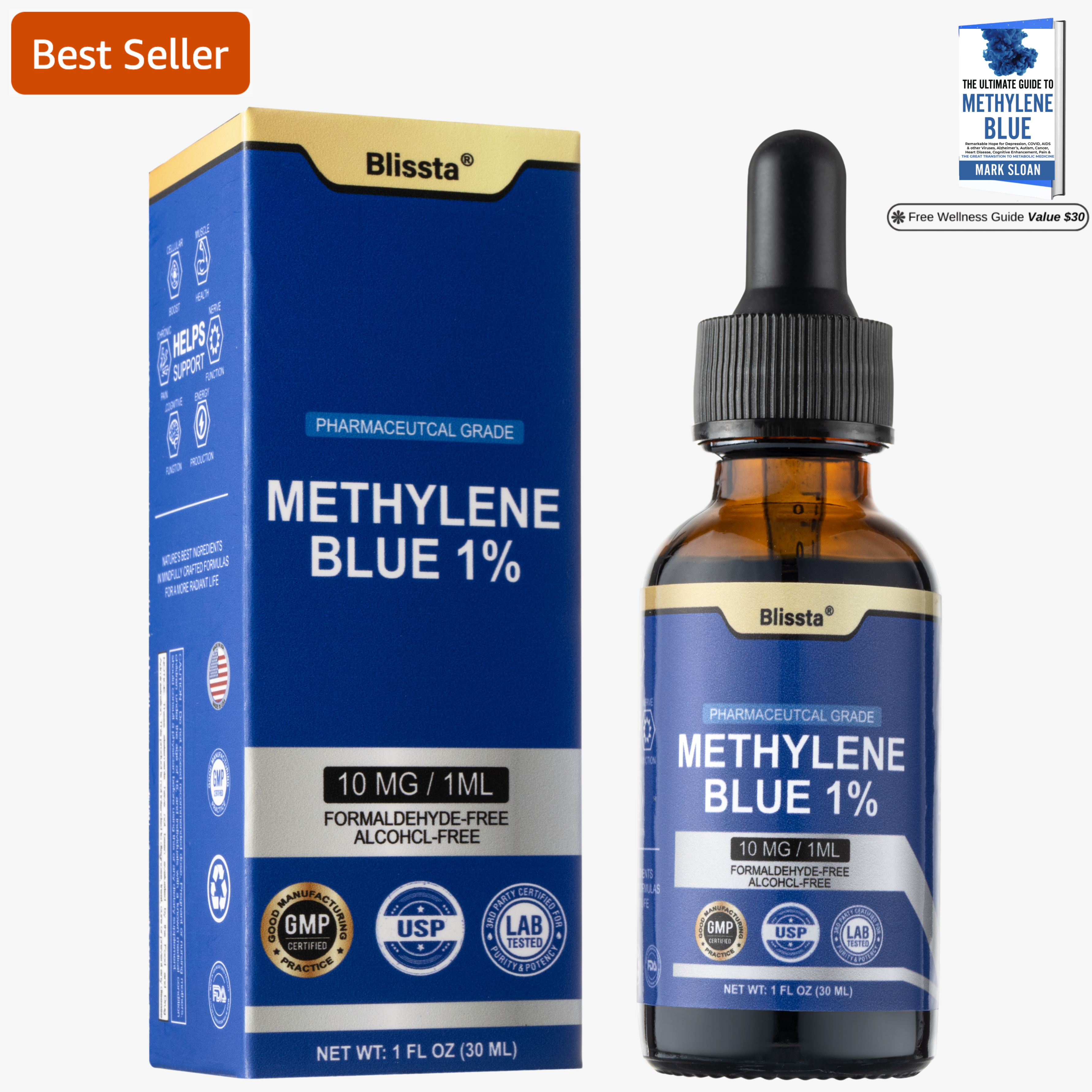 Methylene Blue 1% bottle and box with 'Best Seller' label.
