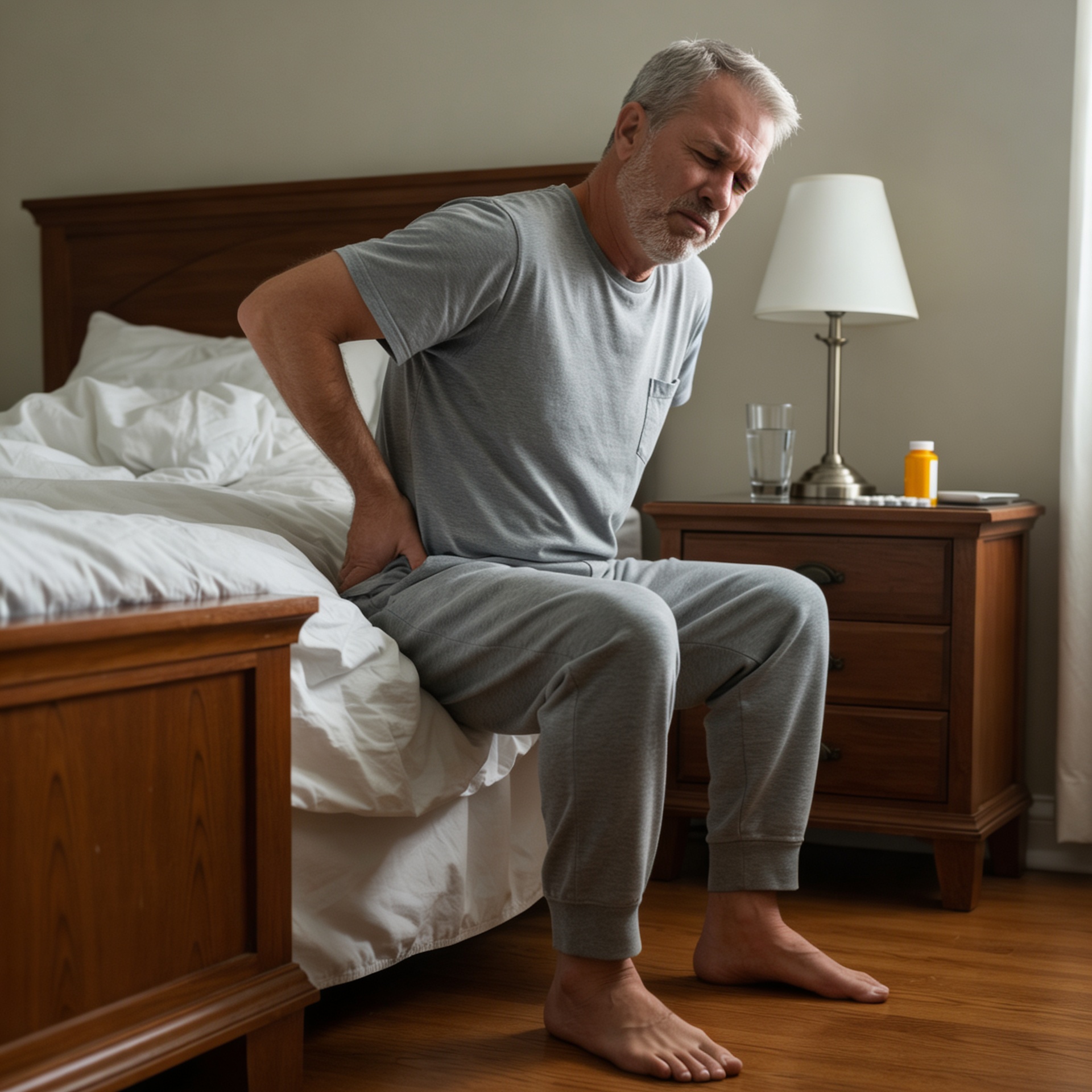 An older man in pajamas sits on the edge of a bed, holding his lower back in pain.