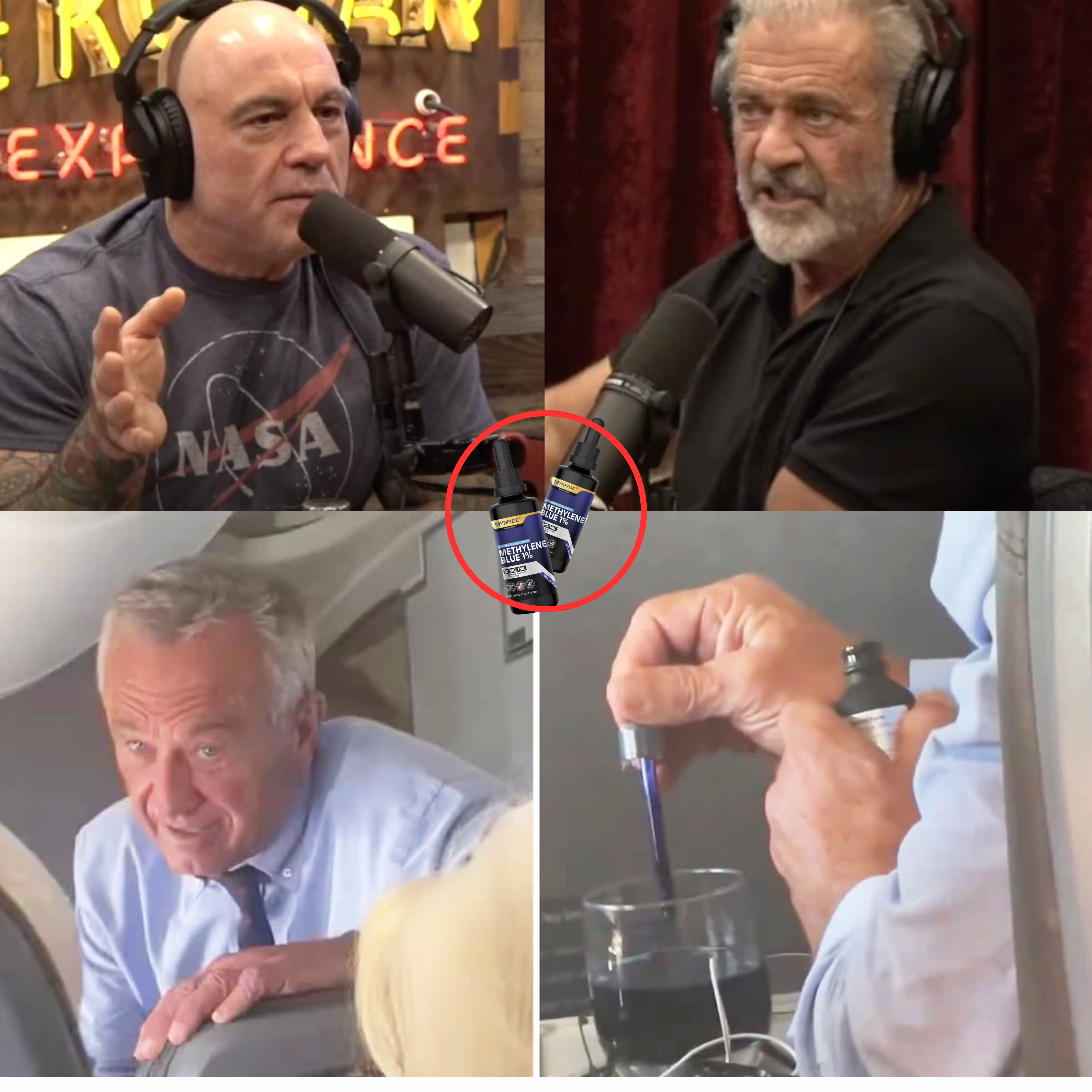 Collage of podcast, man on plane, and liquid dropper.