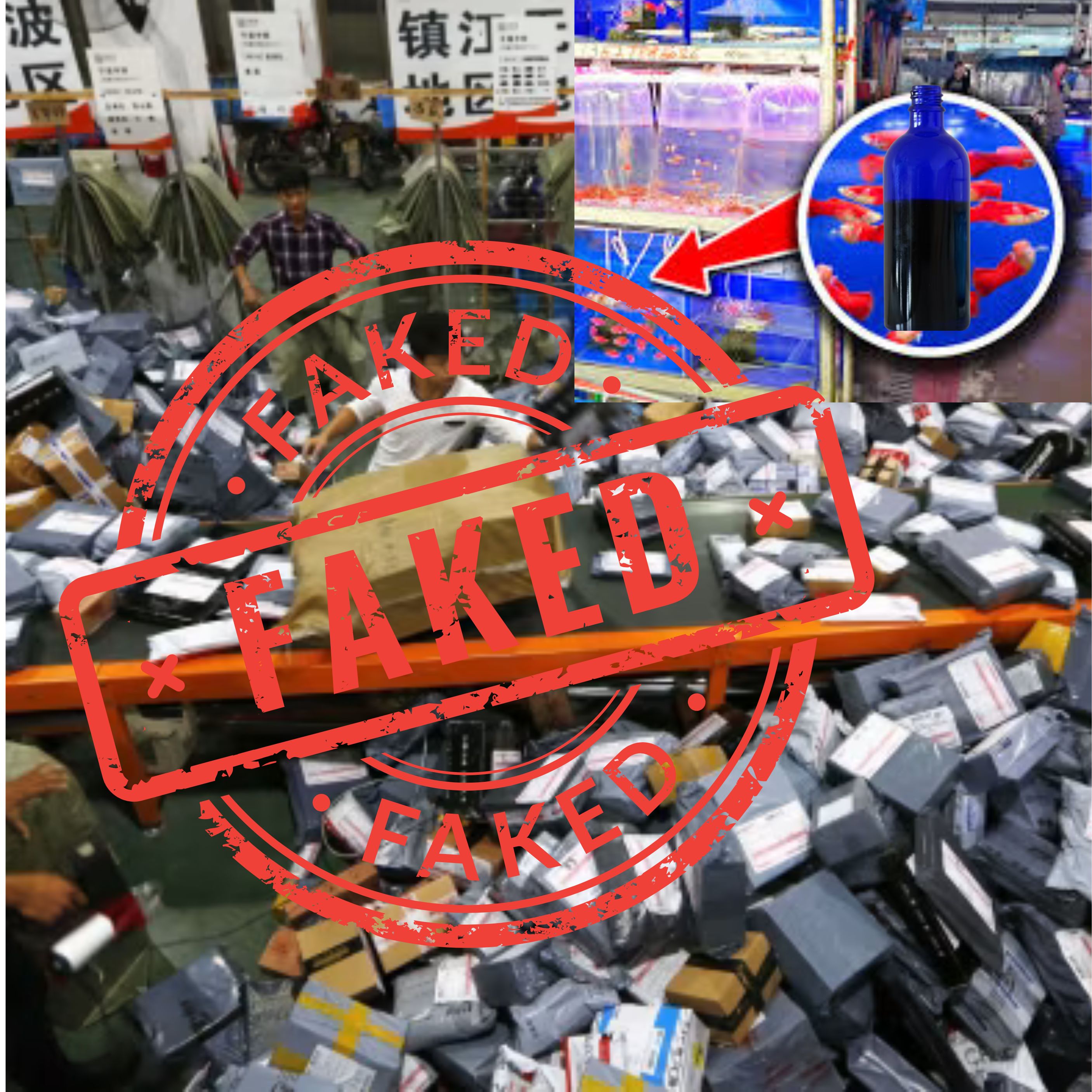 Collage with packages, fish tanks, and 'FAKED' stamp overlay.