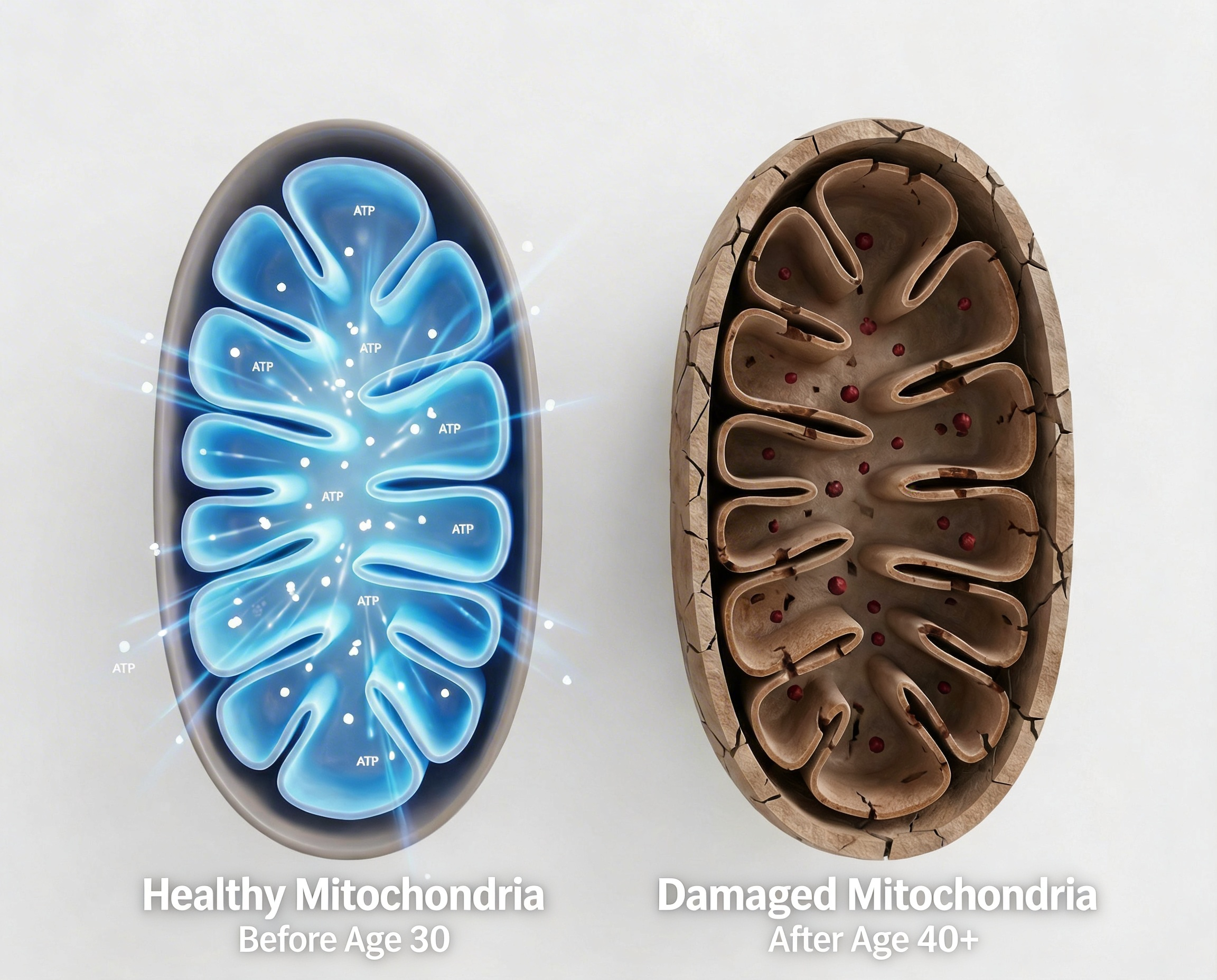 A side-by-side illustration comparing a healthy mitochondrion before age 30 to a damaged mitochondrion after age 40+.