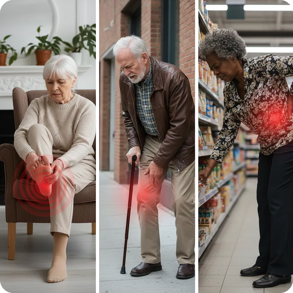 A collage showing three seniors experiencing pain in their foot, knee, and back, indicated by red glows.