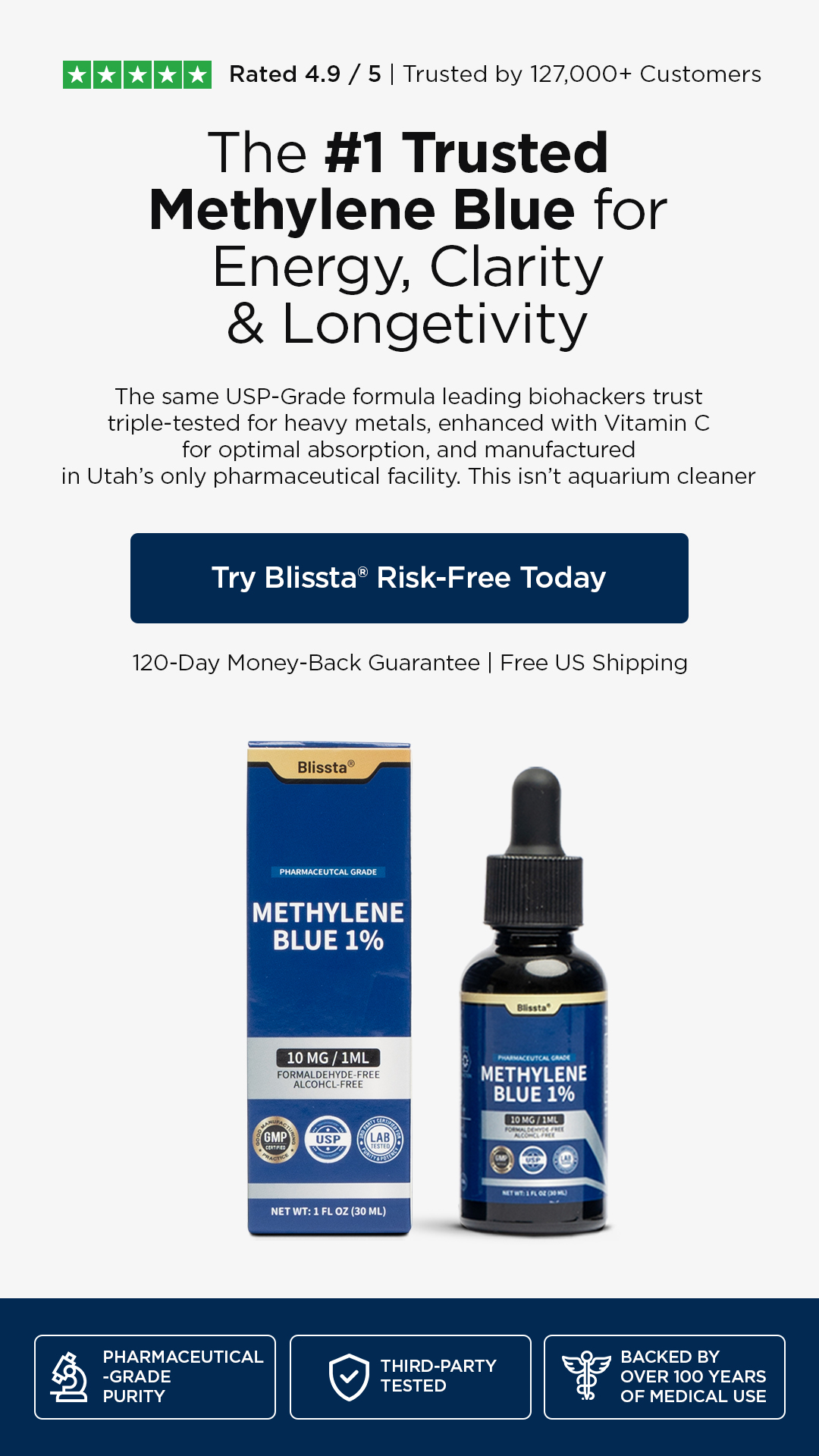 Methylene Blue 1% solution bottle and packaging with product information and features.