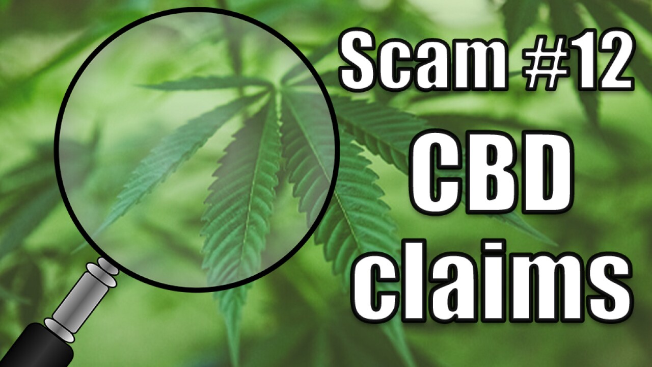 A magnifying glass over a cannabis leaf with the text 'Scam #12 CBD Claims'.