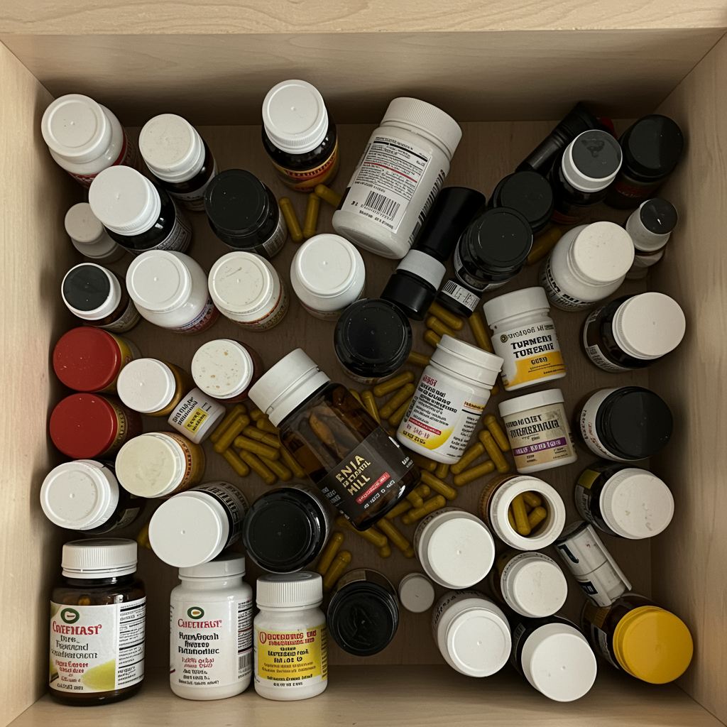 An overhead view of a wooden drawer filled with many bottles of pills and loose yellow capsules.