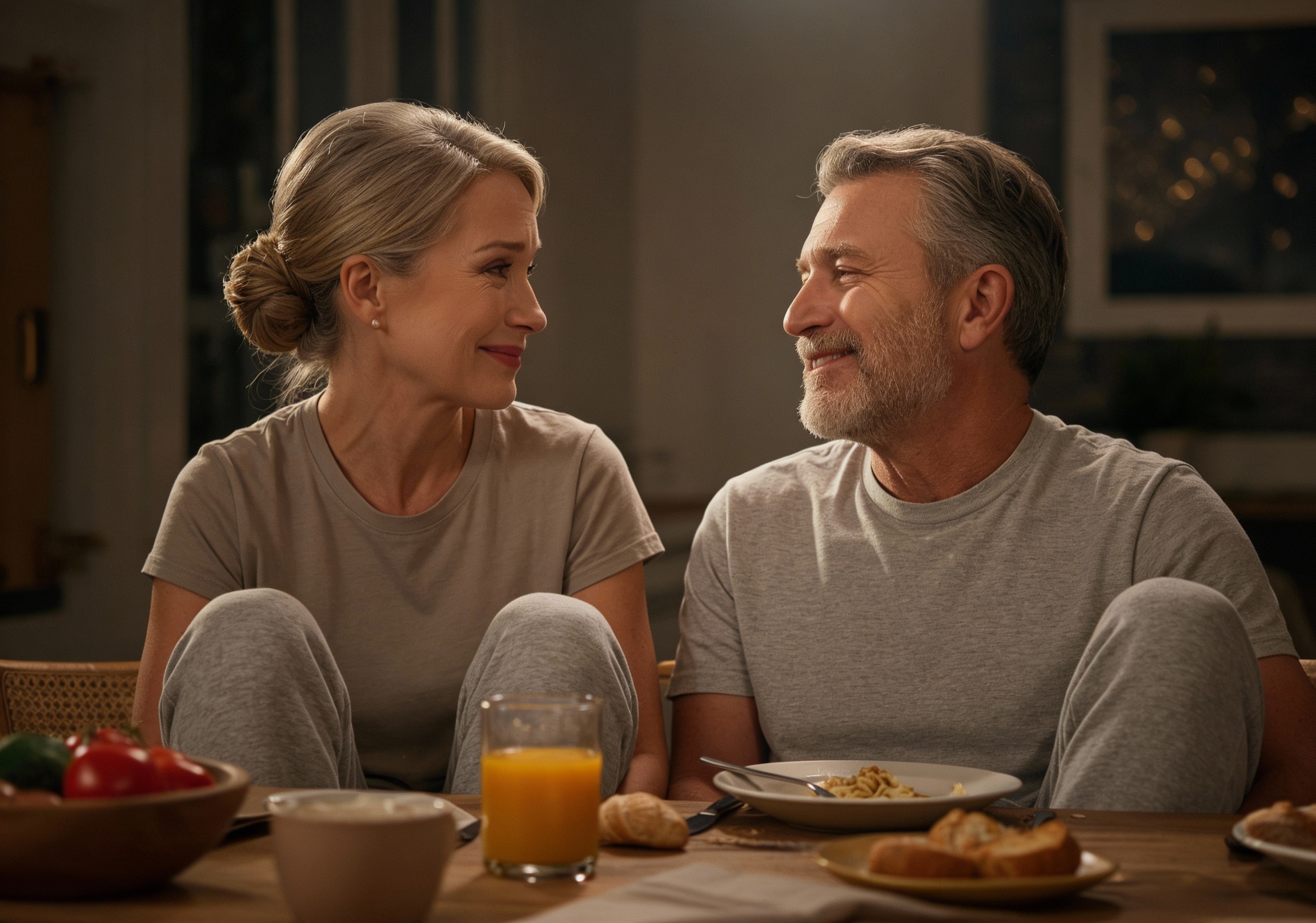 A middle-aged man and woman in casual clothes smile at each other while seated at a dinner table.