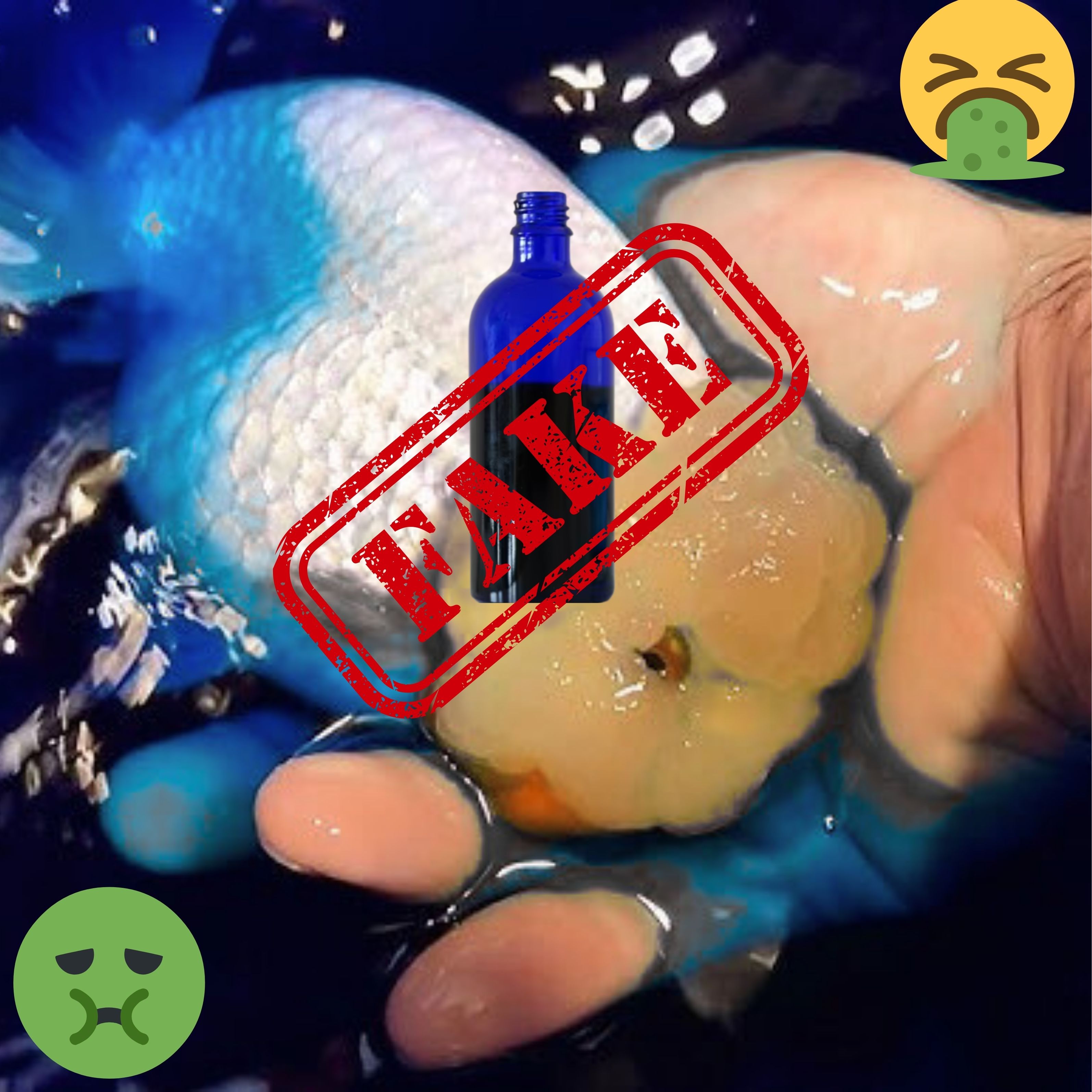 A hand holding a fish with a 'FAKE' stamp and disgust emojis.