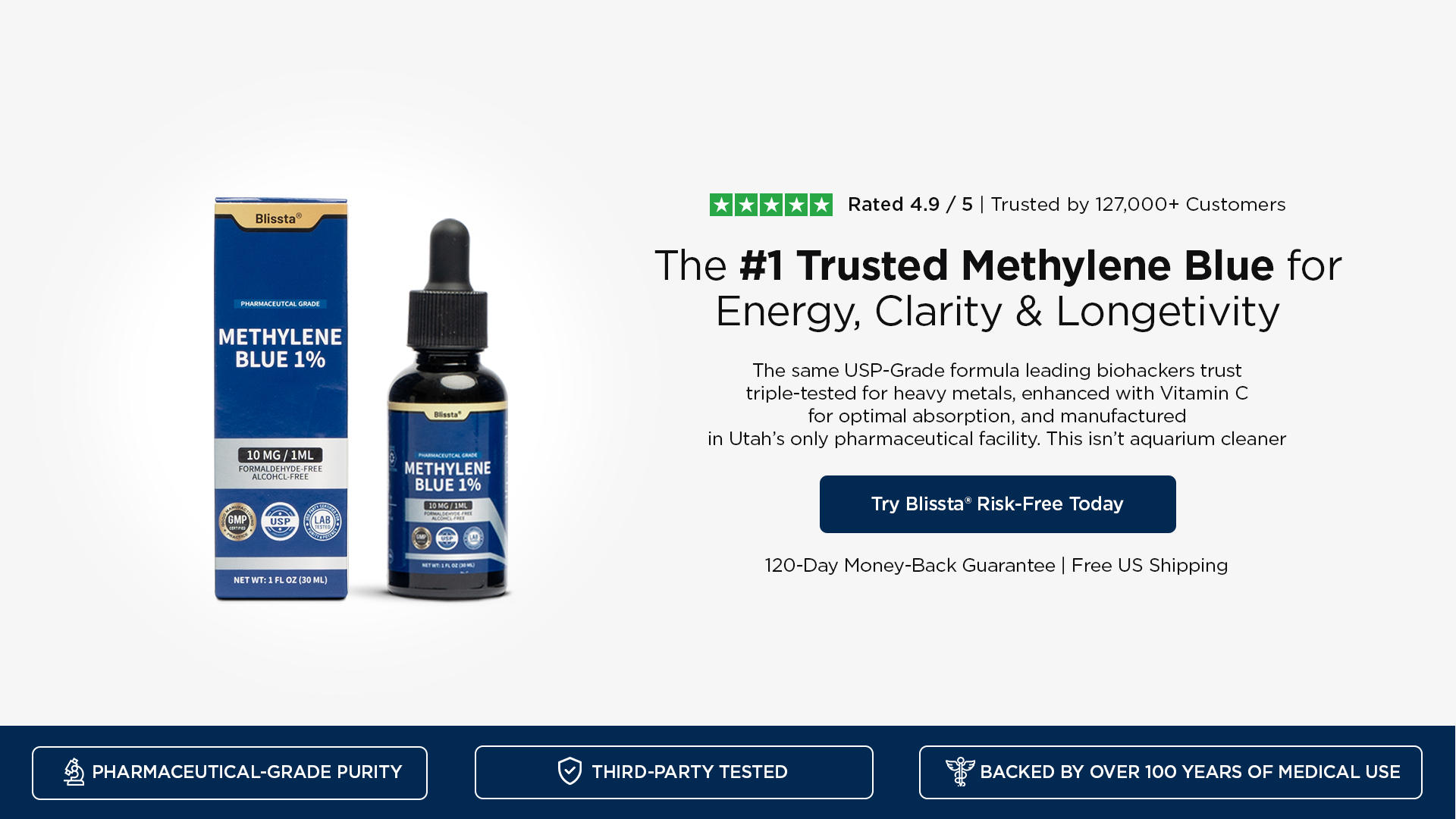 Methylene Blue 1% bottle with box, promotional text and customer rating.