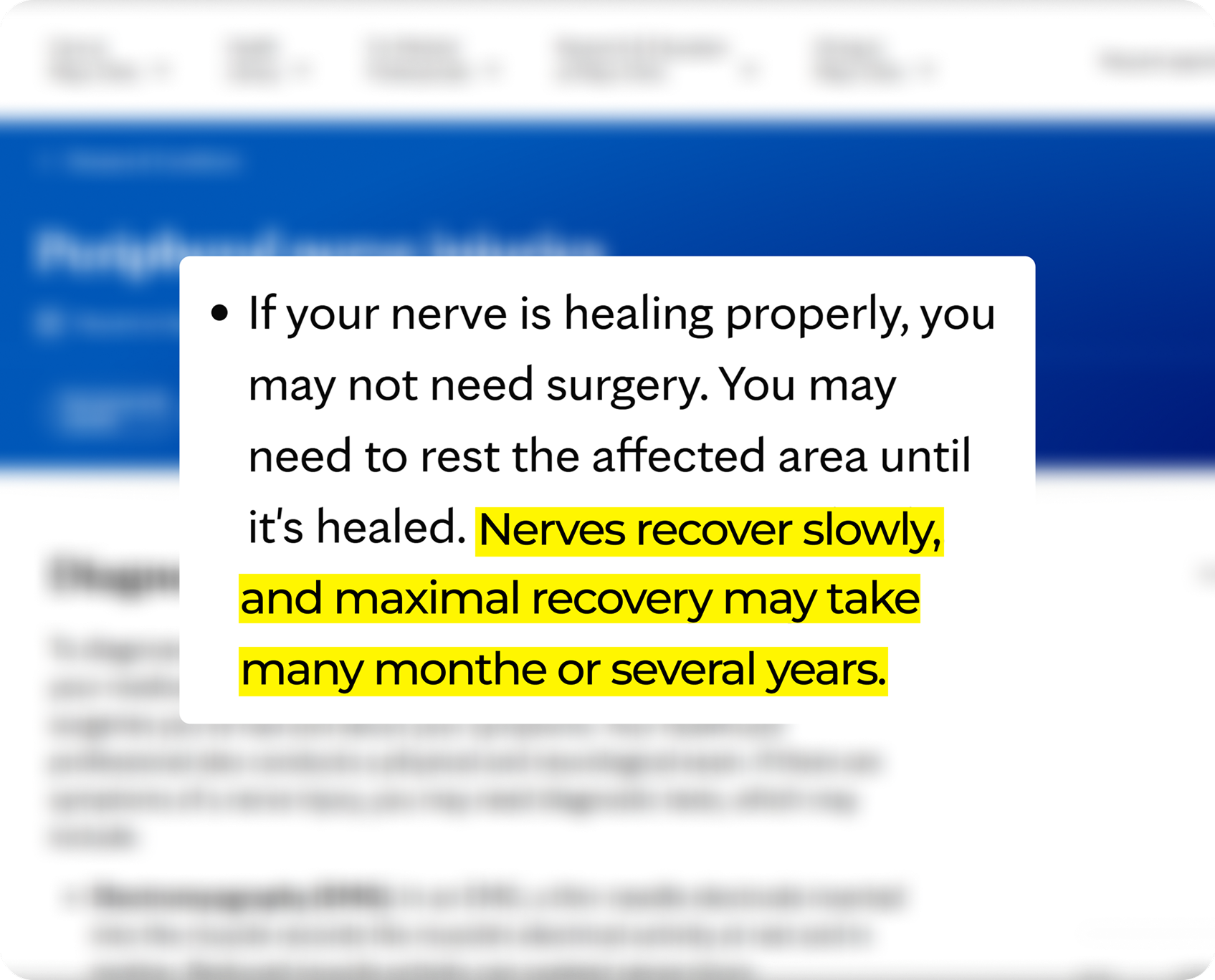 A screenshot of a webpage with text about nerve recovery highlighted in yellow.