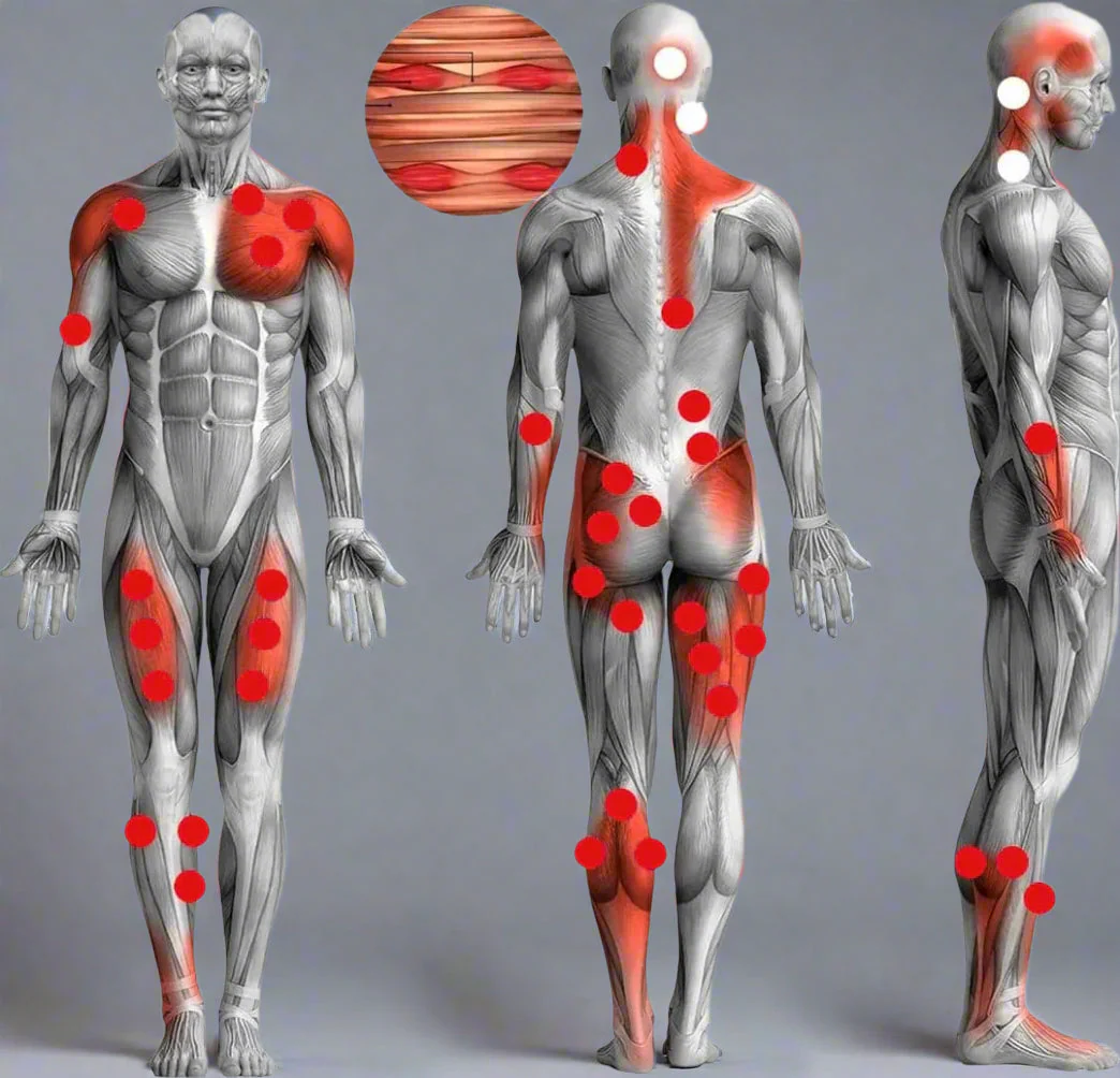 Anatomical charts of muscles with front, back, and side views, showing trigger points marked with red dots.