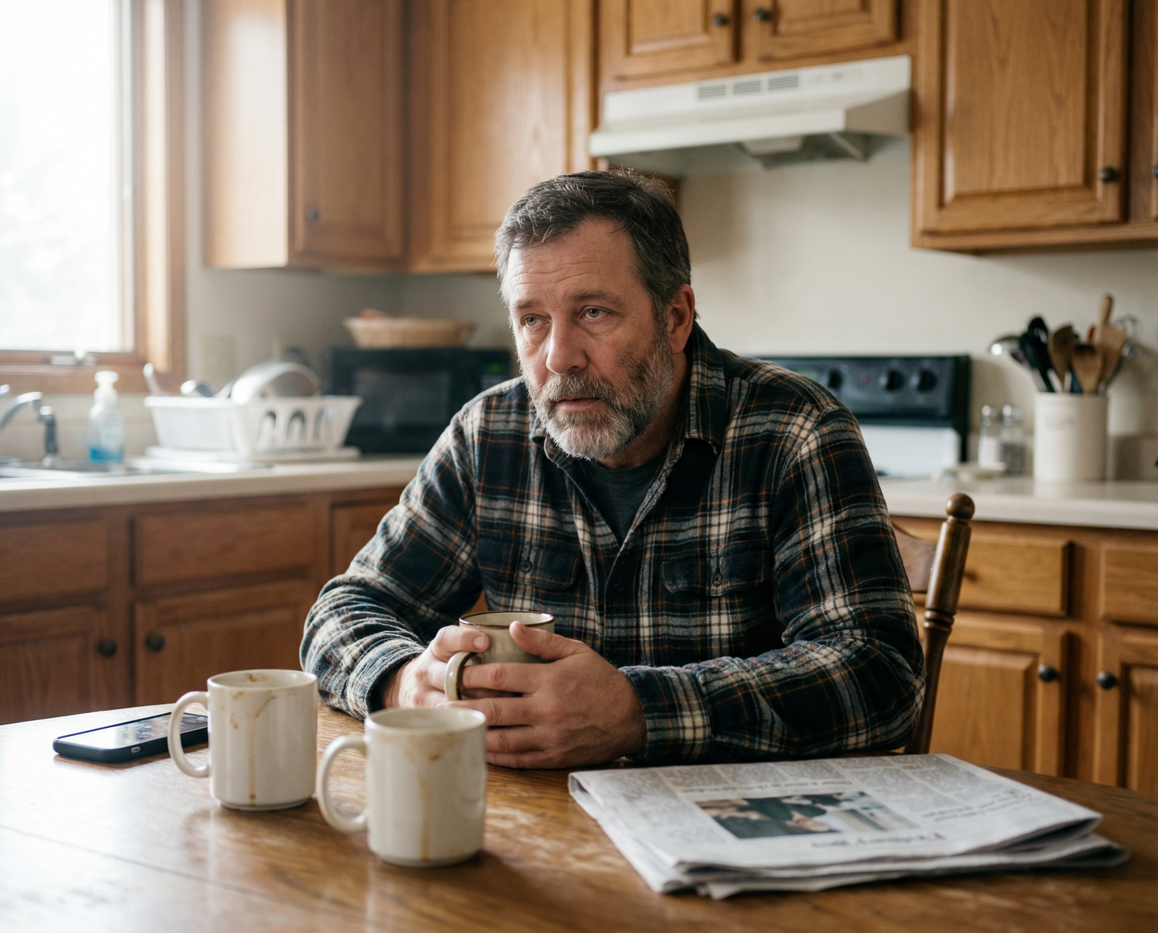 A pensive man in a plaid shirt sits at a kitchen table holding a mug, with a newspaper nearby.