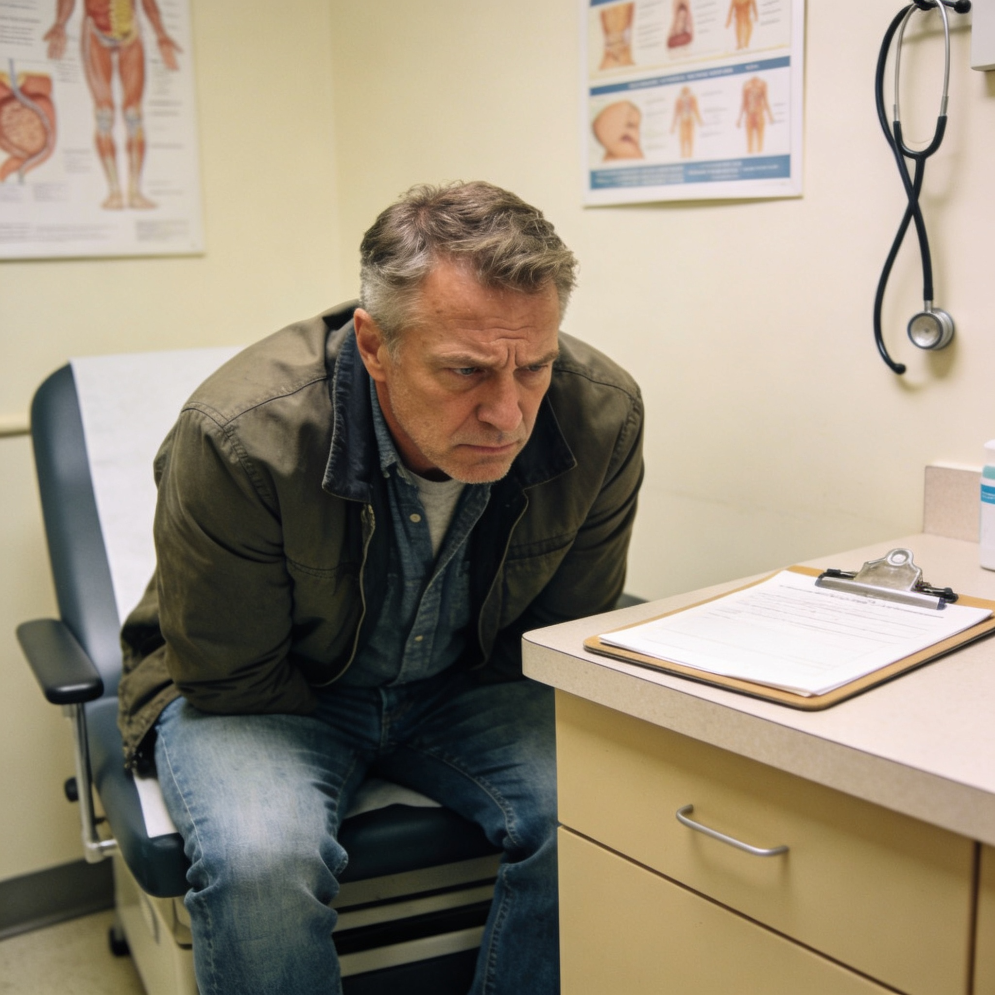 A concerned-looking man sits hunched over on an examination table in a doctor's office.