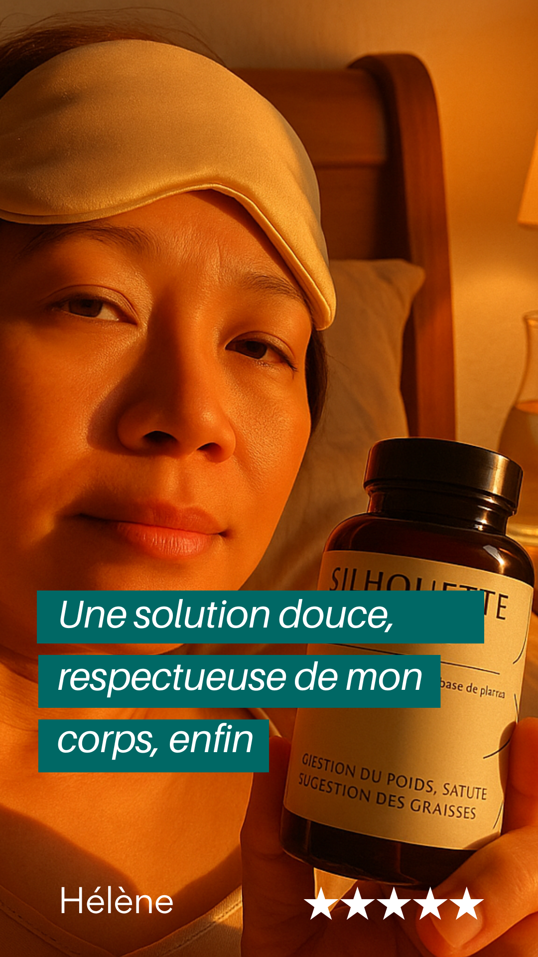 Person with sleep mask holding a bottle, text overlay in French.
