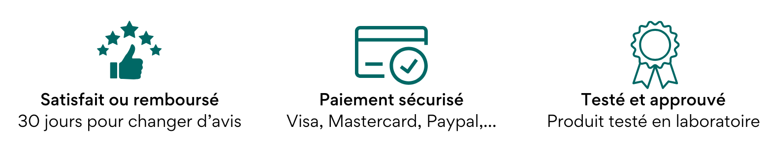 Three teal icons: thumbs up, credit card with check, and award ribbon.