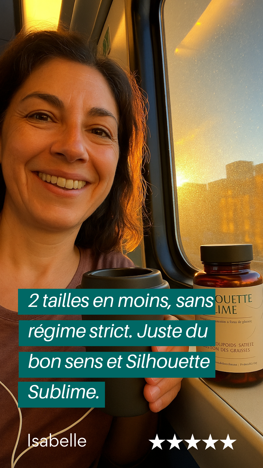 Smiling person holding a cup, with a bottle and text overlay in French.