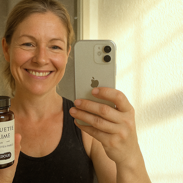 Person smiling, holding a smartphone and a bottle, taking a selfie.