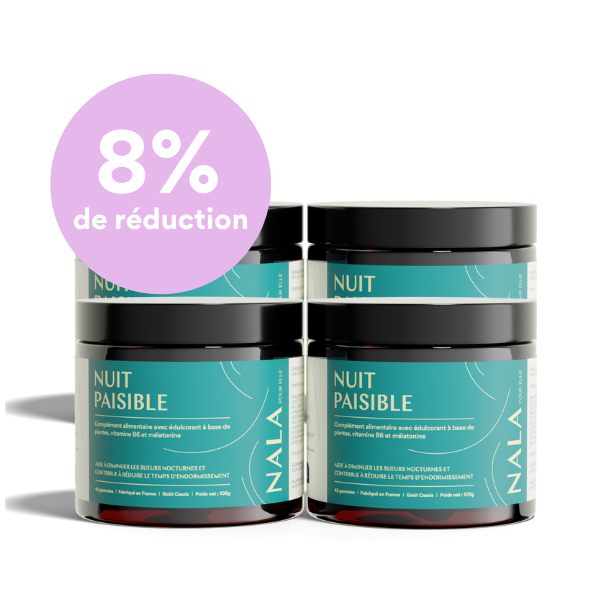 Four jars of 'Nuit Paisible' with an 8% discount label.