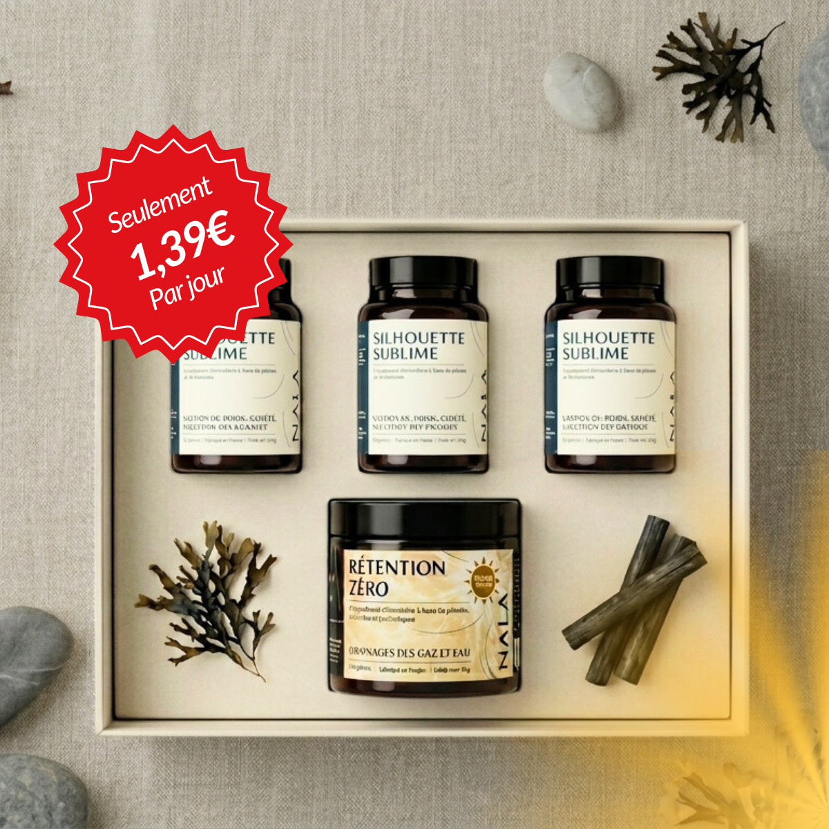 A box set of four supplement jars, arranged with seaweed, sticks, and small stones on a linen background.