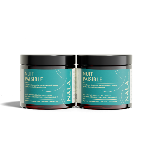 Two jars of Nala 'Nuit Paisible' supplement with teal labels.