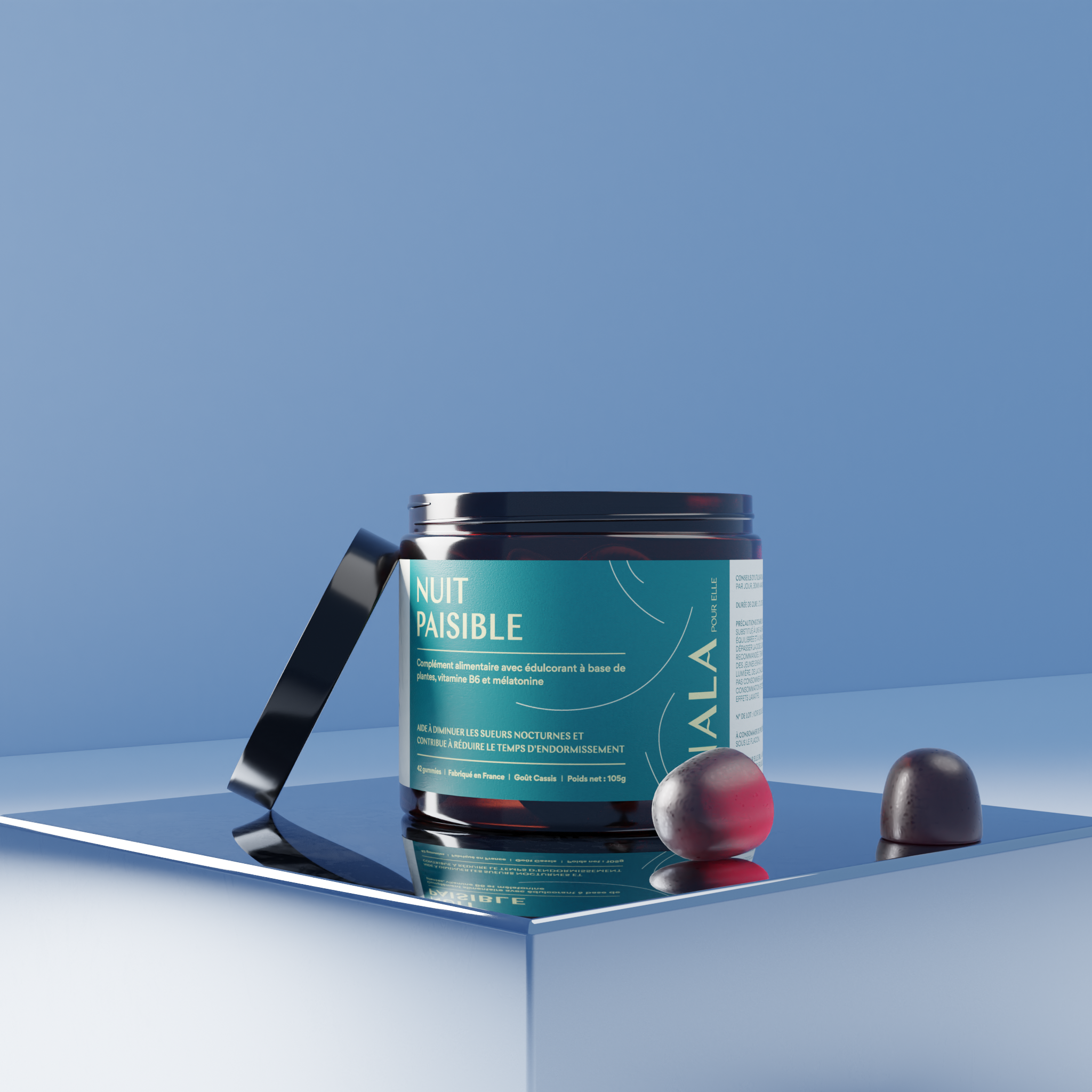 A jar labeled 'Nuit Paisible' with gummies on a mirrored surface.