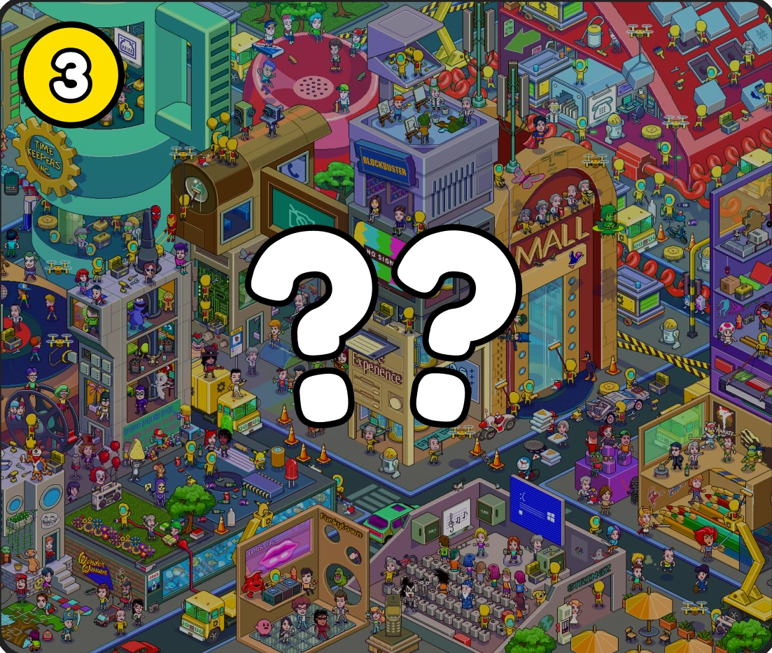 Colorful pixel art cityscape with mall, buildings, and cartoon characters.