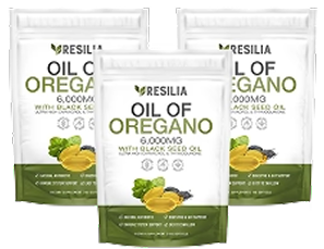 Three packets of Resilia Oil of Oregano with black seed oil.
