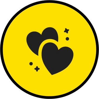 Two black hearts with stars on a yellow circular background.