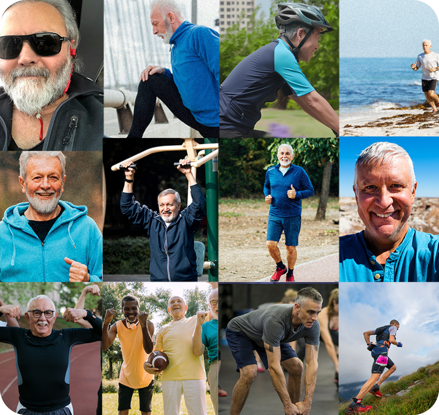 Collage of older adults engaging in various outdoor and fitness activities.