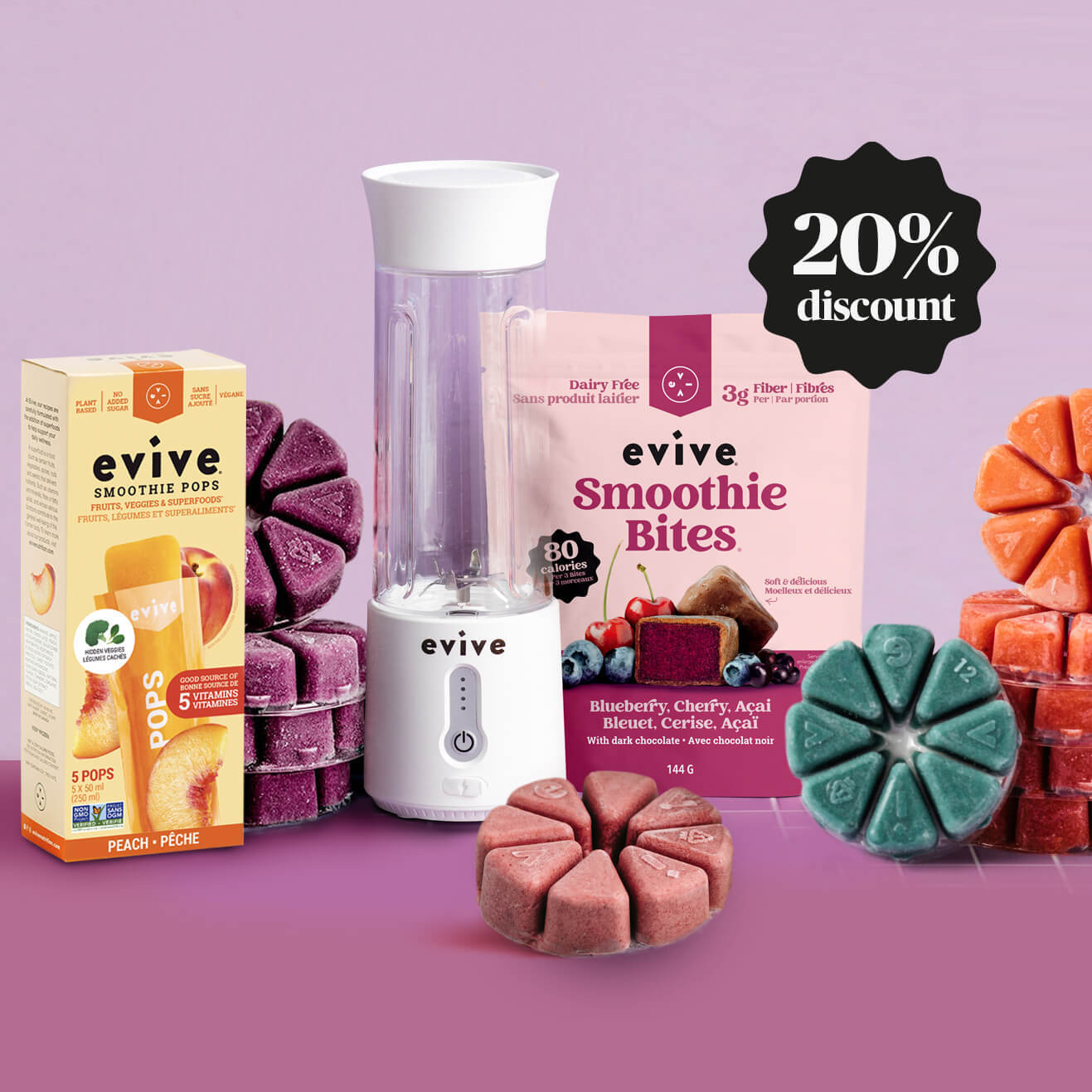 Smoothie products with blender and a 20% discount offer on a purple background.