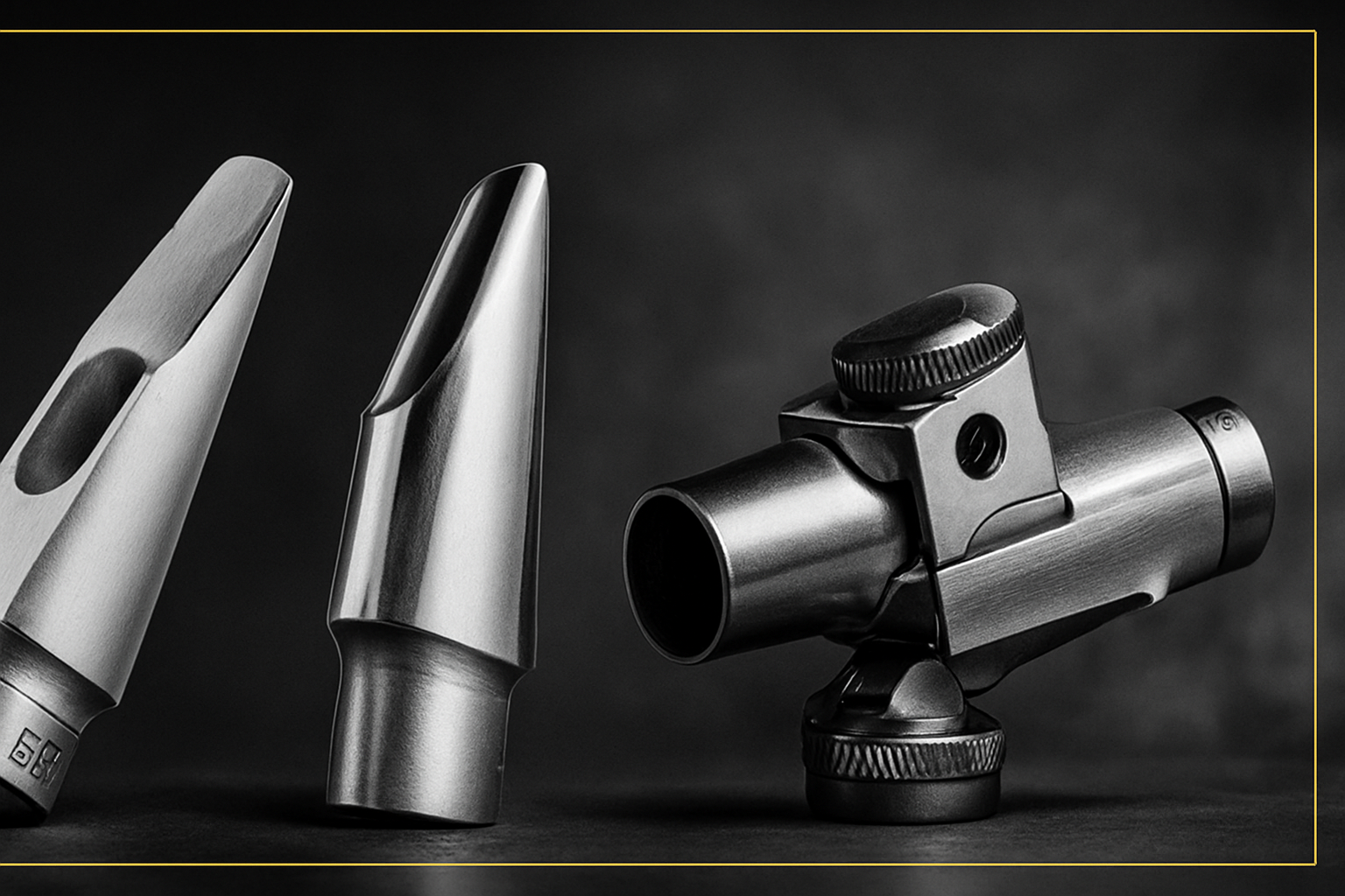 Three metallic saxophone mouthpieces on a dark background.