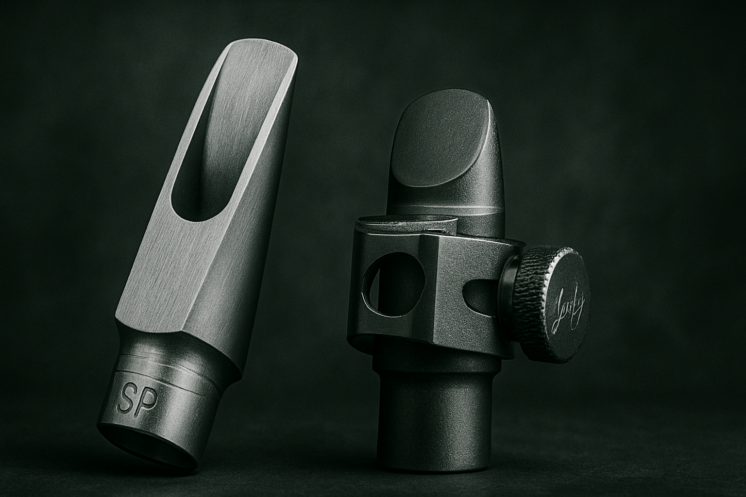 Two metal saxophone mouthpieces on a dark background.