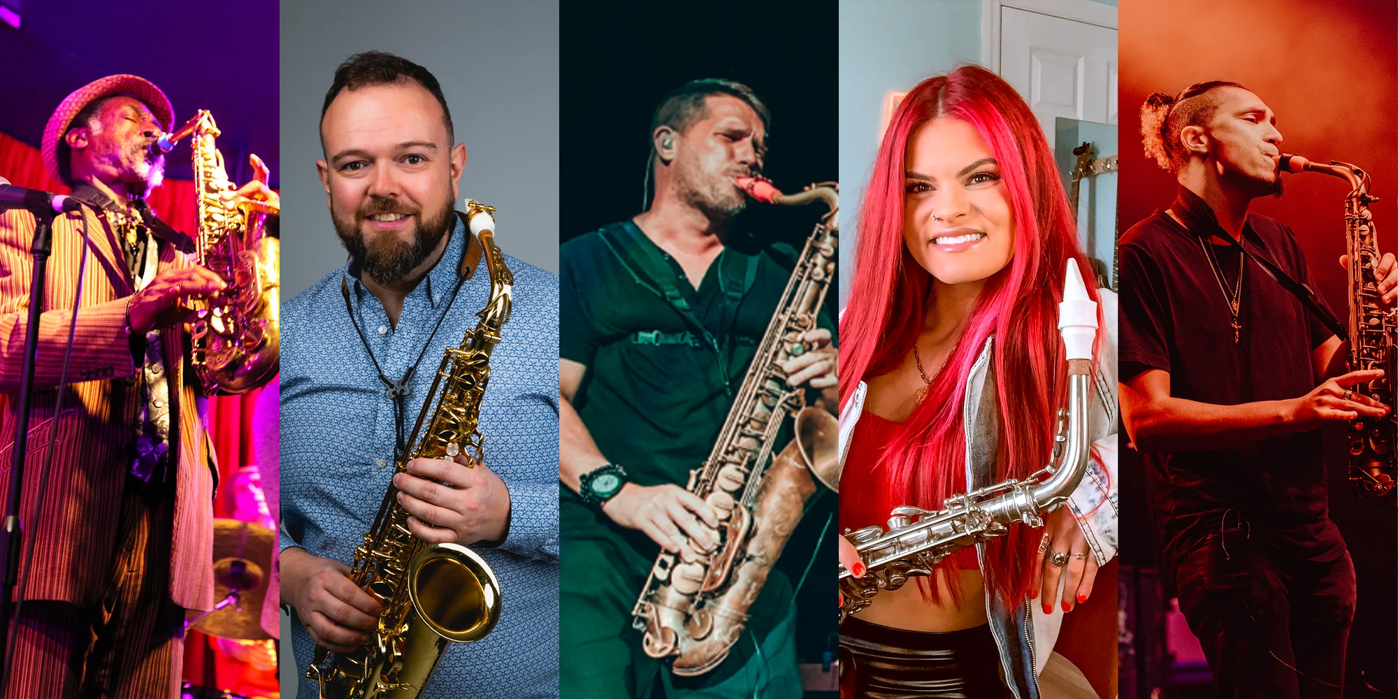 Five people playing saxophones in various settings.