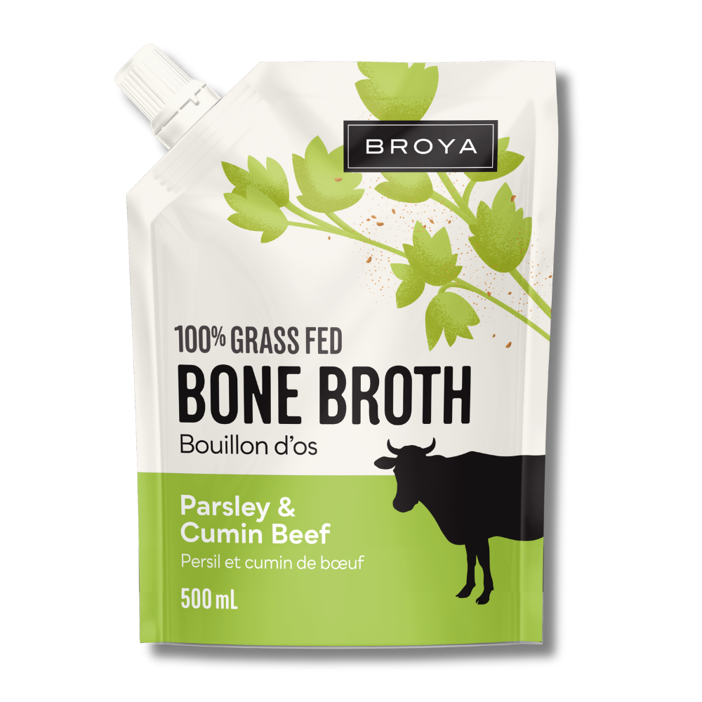 Broya bone broth pouch with parsley and cumin beef flavor, 500 mL.