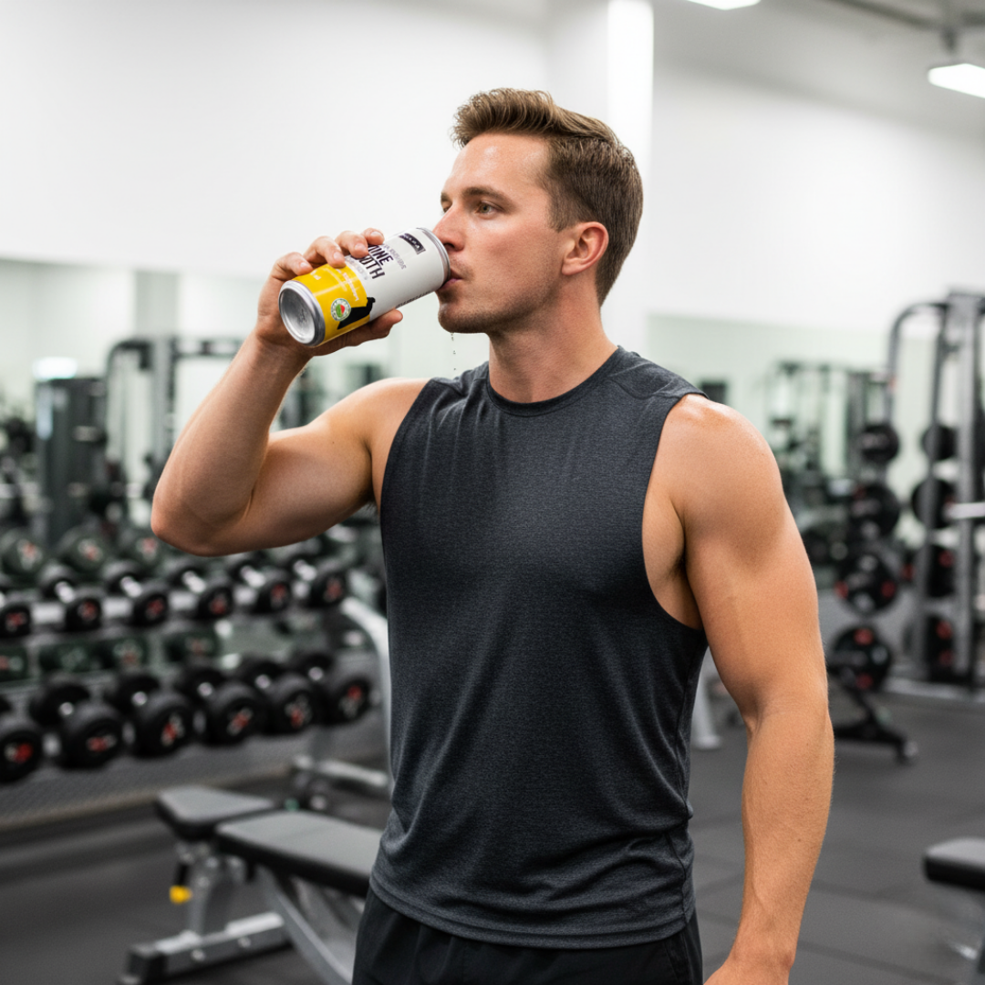 Man in gym drinking from a can.