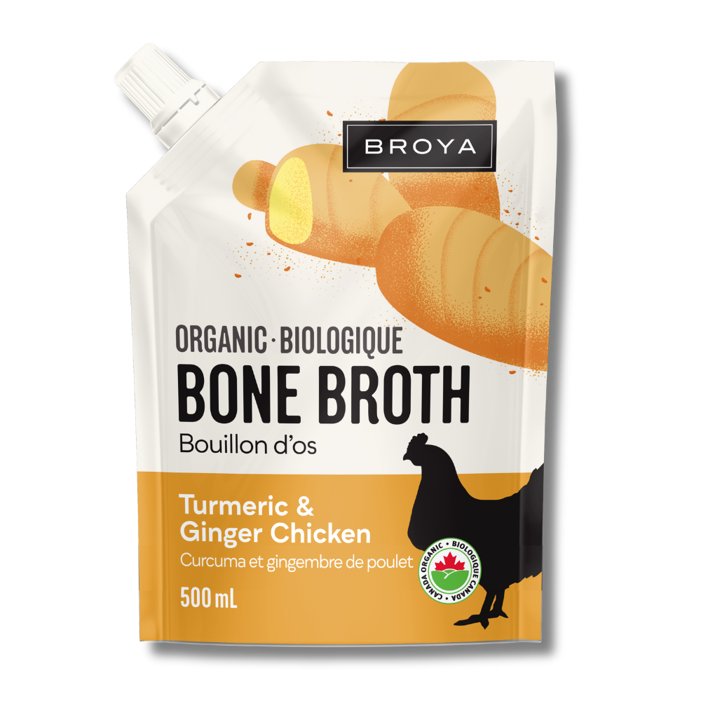 Pouch of organic turmeric and ginger chicken bone broth, 500 mL, with a chicken silhouette.