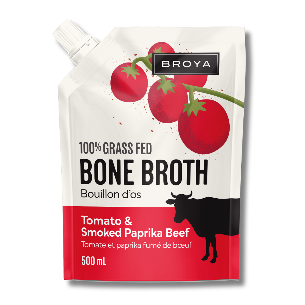 Broya bone broth pouch with tomatoes and cow silhouette, labeled 'Tomato & Smoked Paprika Beef.'