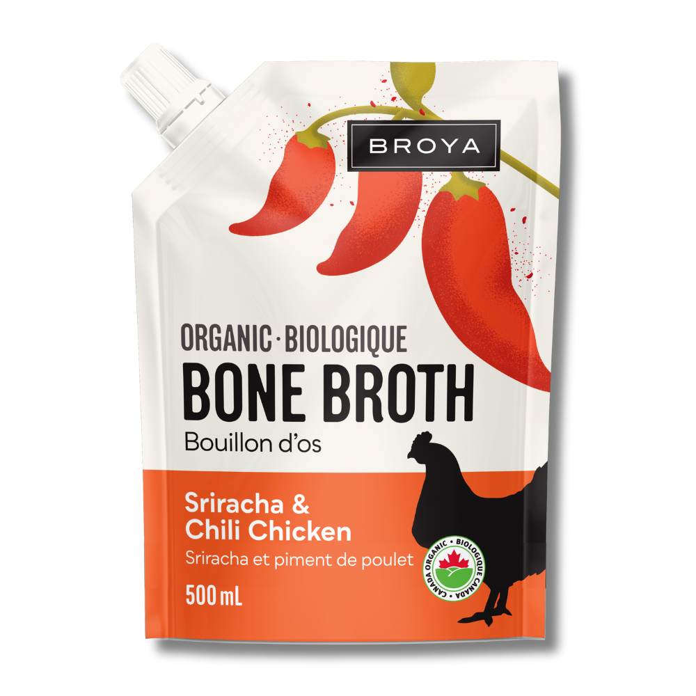 Broya organic bone broth pouch with sriracha and chili chicken flavor, 500 mL.
