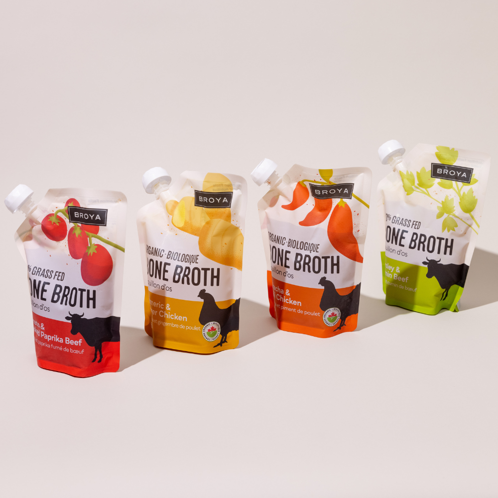 Four pouches of Broya bone broth in different flavors.
