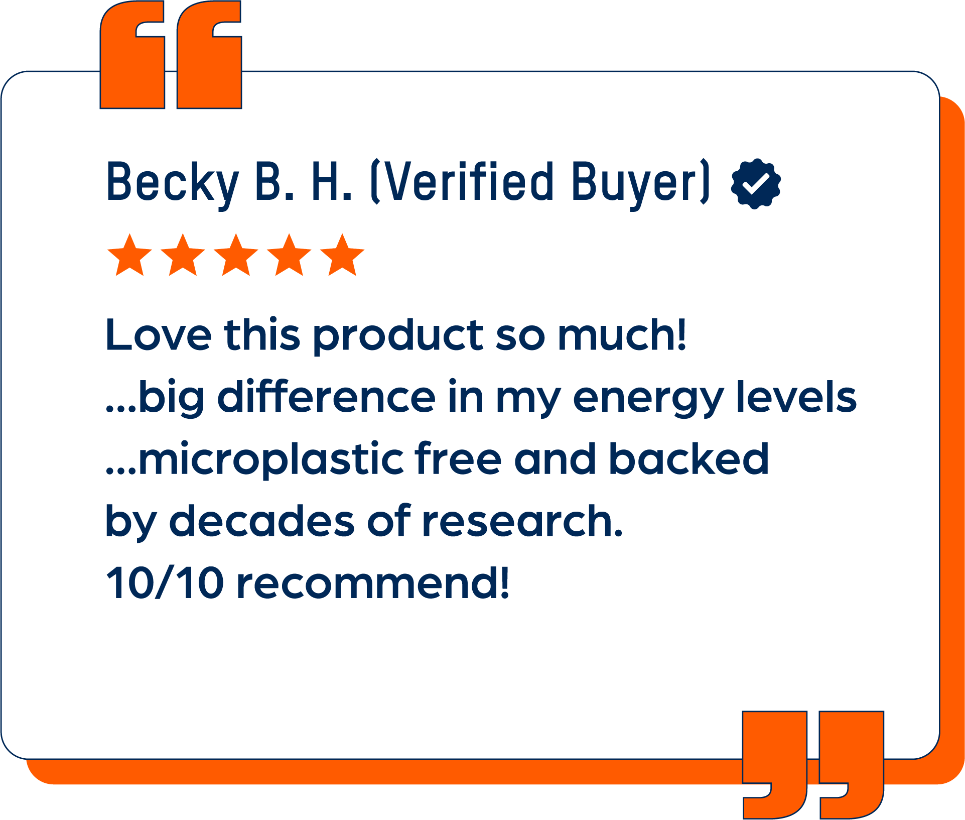 Customer review with five stars, praising product's energy benefits and microplastic-free quality.
