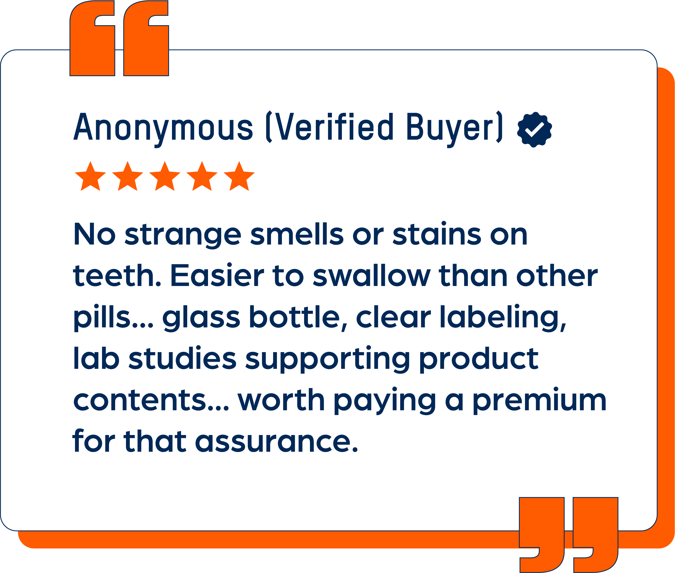 Customer review with five stars and text about product quality and packaging.