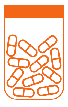 Illustration of a pill bottle with orange capsules inside.
