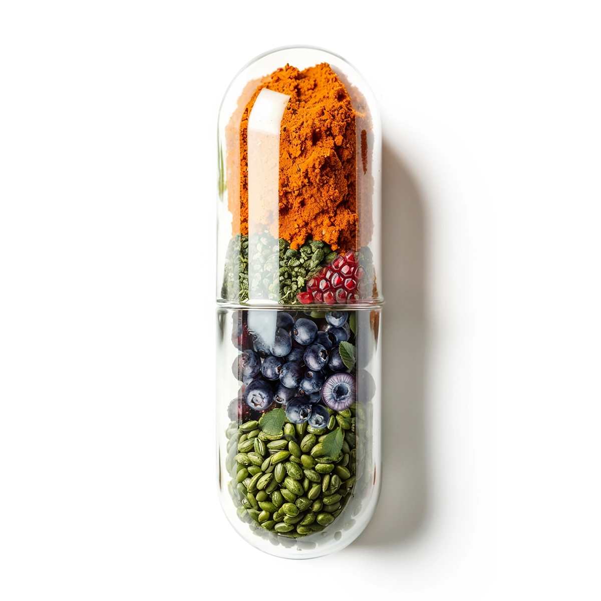 A transparent capsule filled with layers of spices, berries, and seeds against a white background.