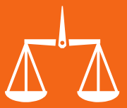 White scales of justice icon on an orange background.